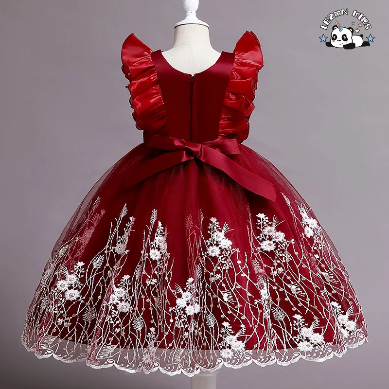 LEZONKIDS - Vestido de renda floral sem mangas personalizável e quente para meninas, ODM, para crianças, festa, para 2-14 anos, com decoração de laço